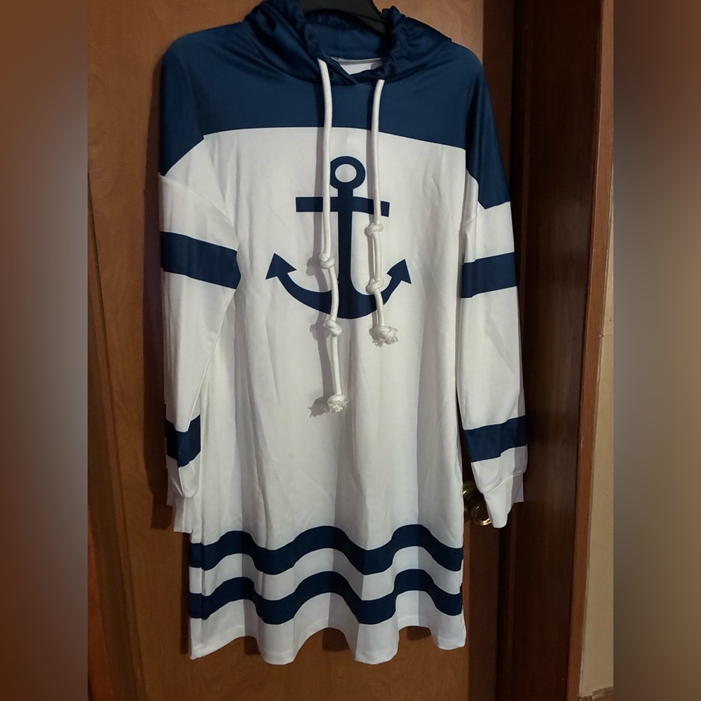 Navy and White Anchor Hooded Long-Sleeve Dress